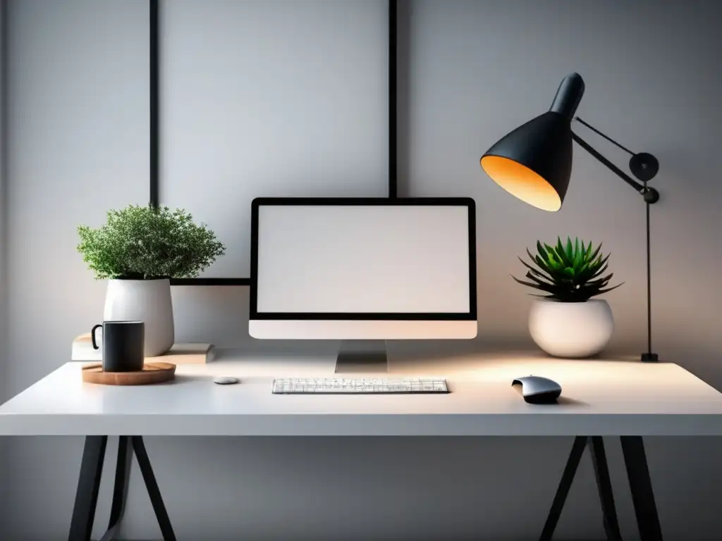 Oficina moderna y minimalista Oficina moderna y minimalista con escritorio blanco, monitor de última generación, teclado y mouse inalámbricos, y más