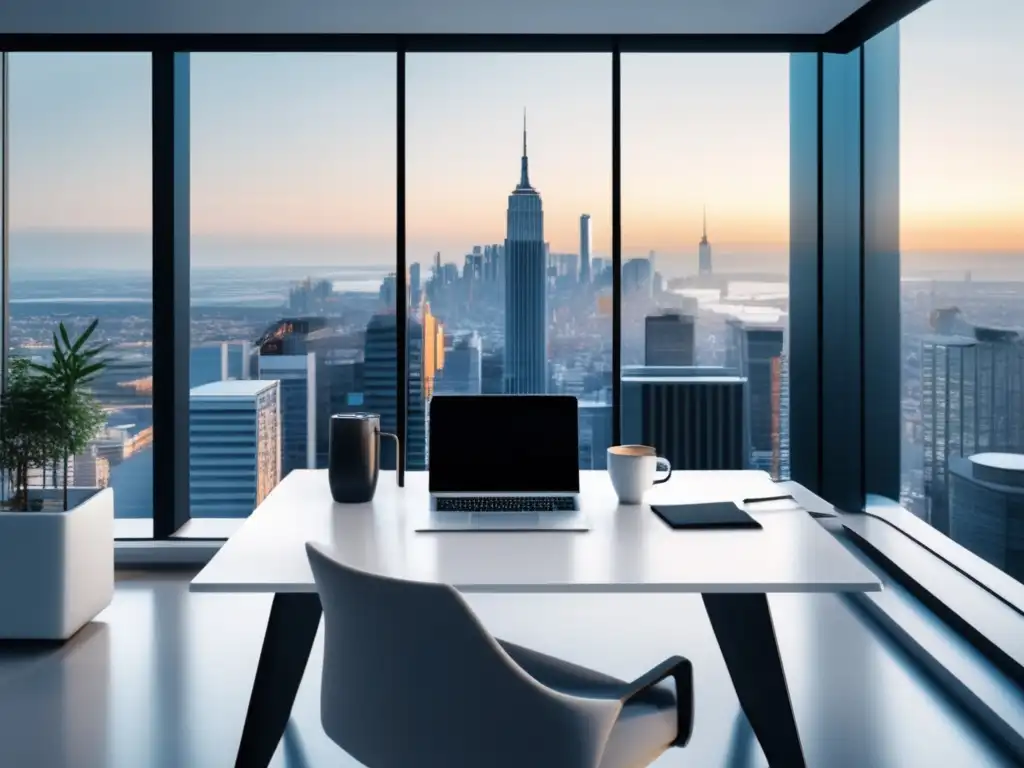 Oficina minimalista con vista panorámica Oficina minimalista con vista urbana, simbolizando los principios éticos en el marketing de afiliados
