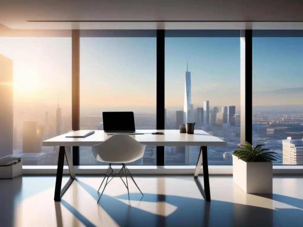 Oficina moderna con vista a la ciudad Oficina moderna con escritorio blanco, vistas a la ciudad