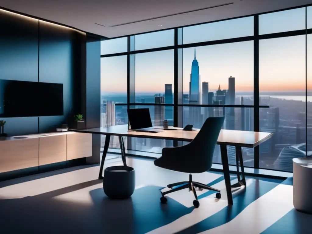 Espacio de oficina minimalista con vista panorámica a la ciudad Oficina minimalista con vista panorámica de ciudad y análisis de palabras clave para el marketing de afiliados