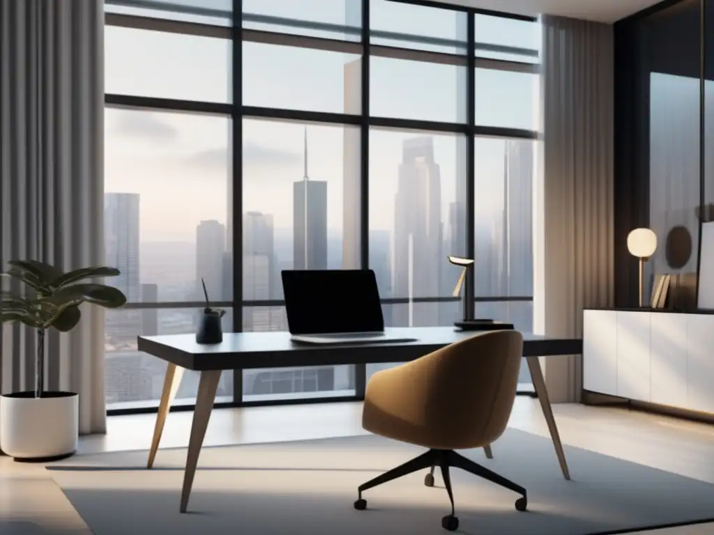 Espacio de oficina minimalista con arte abstracto Oficina minimalista con mobiliario moderno - Casos de Éxito en Marketing de Afiliados