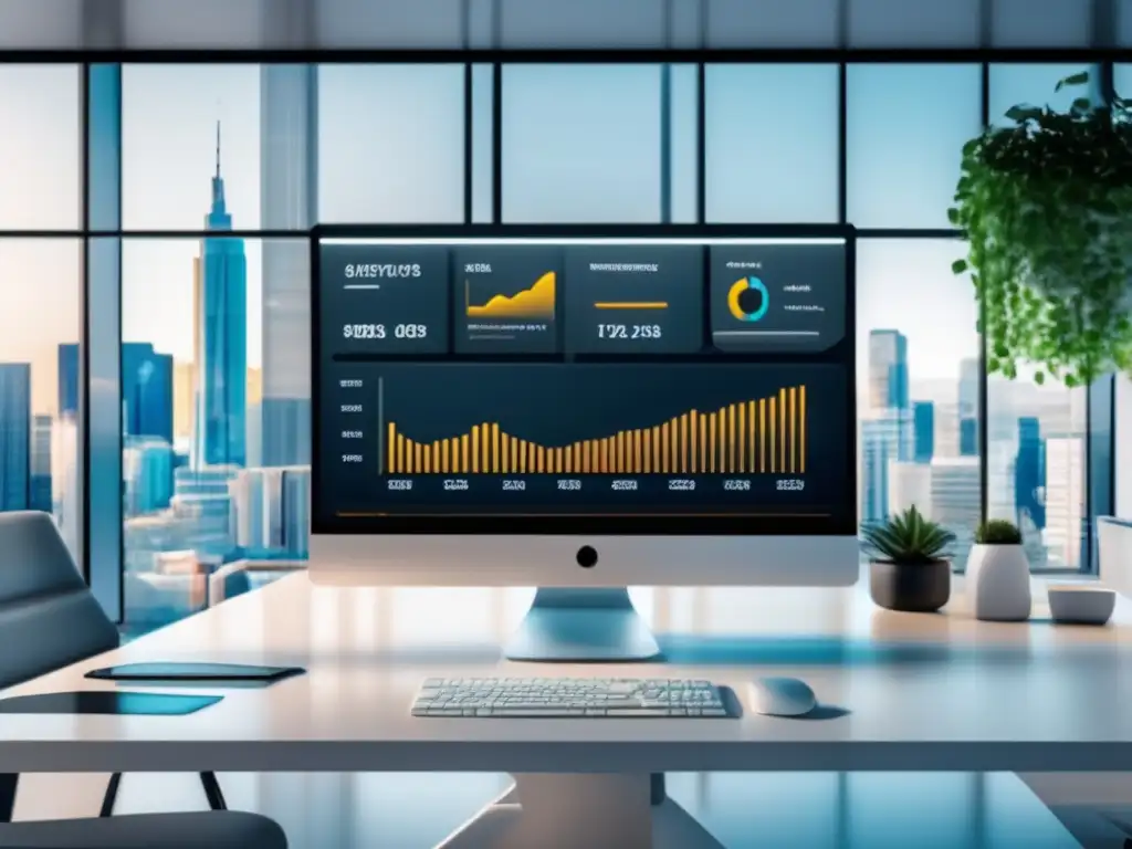 Oficina moderna con muebles blancos y pantalla de análisis Oficina moderna con muebles blancos y métricas importantes en el marketing de afiliados