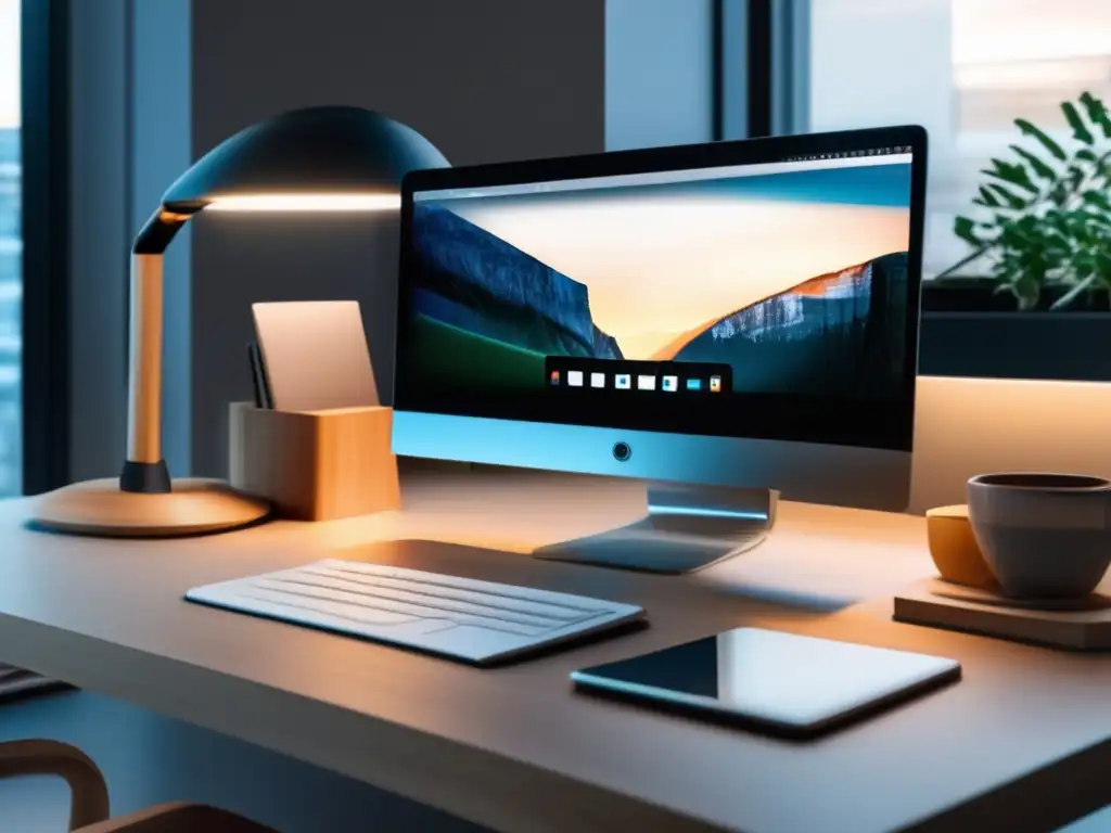 Espacio de trabajo minimalista con escritorio de madera clara y laptop Espacio de trabajo minimalista con escritorio de madera clara, laptop mostrando software de análisis de marketing, lámpara elegante, vista a la ciudad