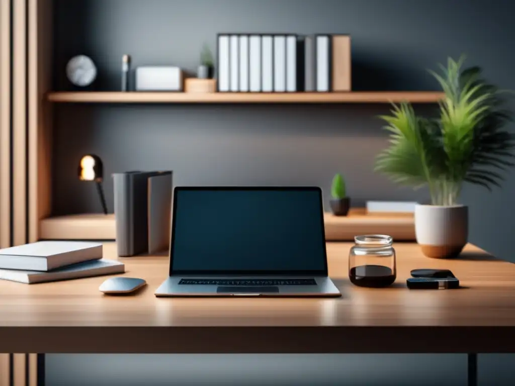 Oficina moderna y minimalista con escritorio de madera pulida, simbolizando profesionalismo y productividad en marketing de afiliados