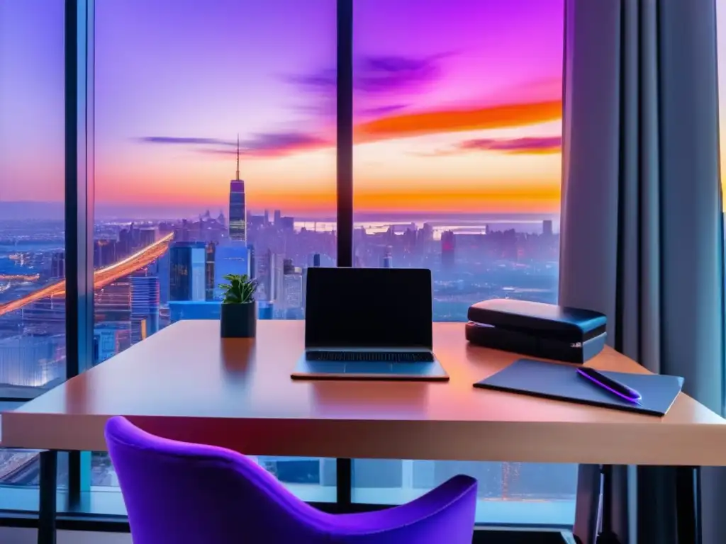Espacio de trabajo minimalista con vista a la ciudad Escritorio minimalista con laptop y vista a la ciudad al atardecer