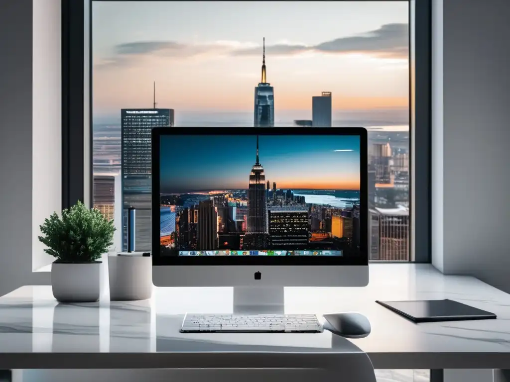 Oficina moderna con escritorio de mármol blanco, laptop, gráfico de ganancias de marketing de afiliados y vista a la ciudad al atardecer