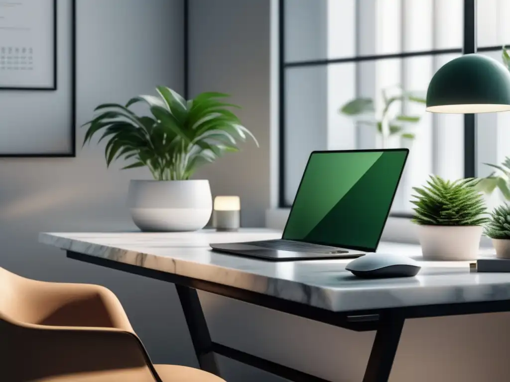 Elegante oficina minimalista con escritorio de mármol blanco Oficina minimalista con escritorio de mármol blanco, laptop, mouse y teclado modernos