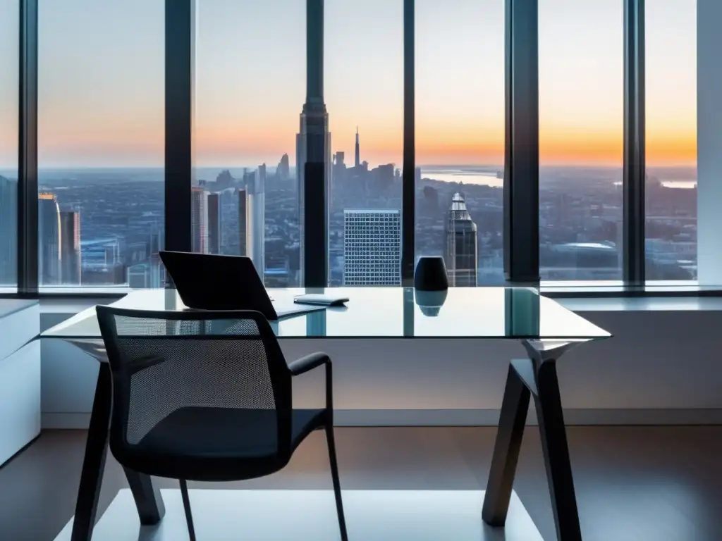 Espacio de trabajo minimalista con vista panorámica Imagen: Escritorio minimalista con laptop, notepad y lámpara