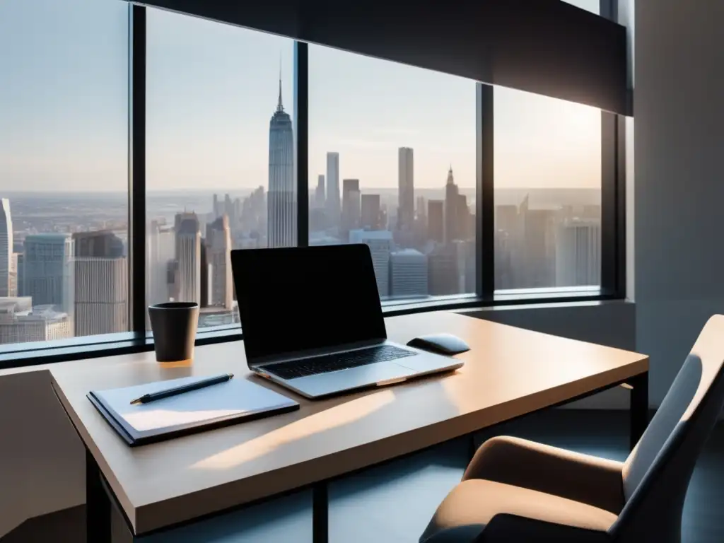 Espacio de trabajo minimalista con vista a la ciudad Oficina minimalista con escritorio de madera clara