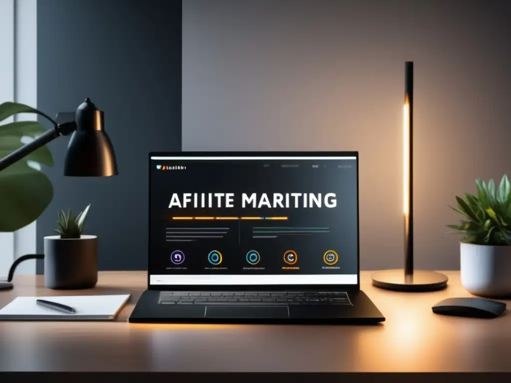 Oficina minimalista con escritorio moderno Oficina minimalista con escritorio elegante iluminado y programas de afiliados