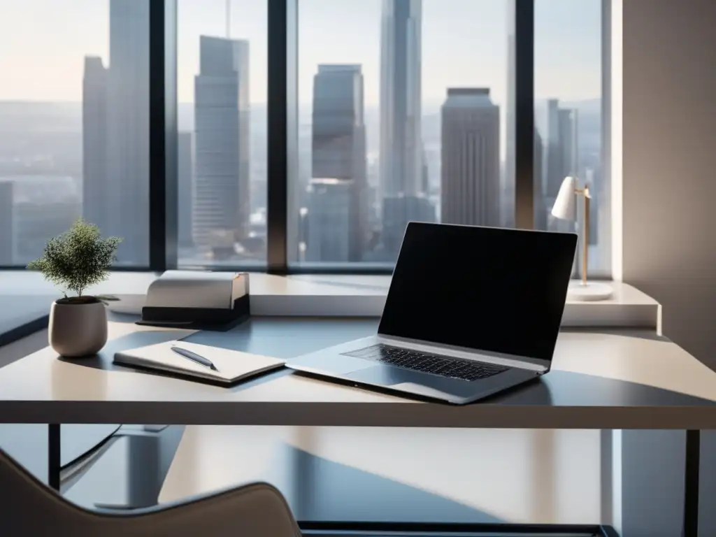 Espacio de oficina minimalista con vista panorámica Oficina minimalista con escritorio moderno, ventana panorámica y elementos organizados