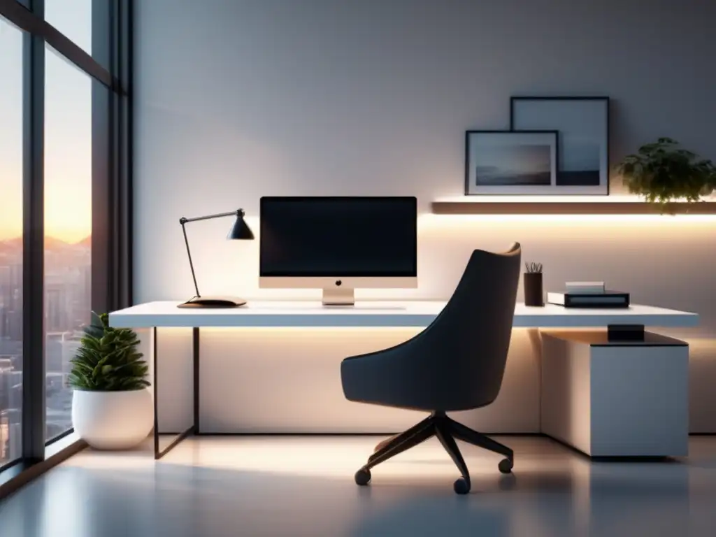 Espacio de oficina minimalista y elegante Oficina minimalista con escritorio moderno y estrategias de SEO para marketing de afiliados
