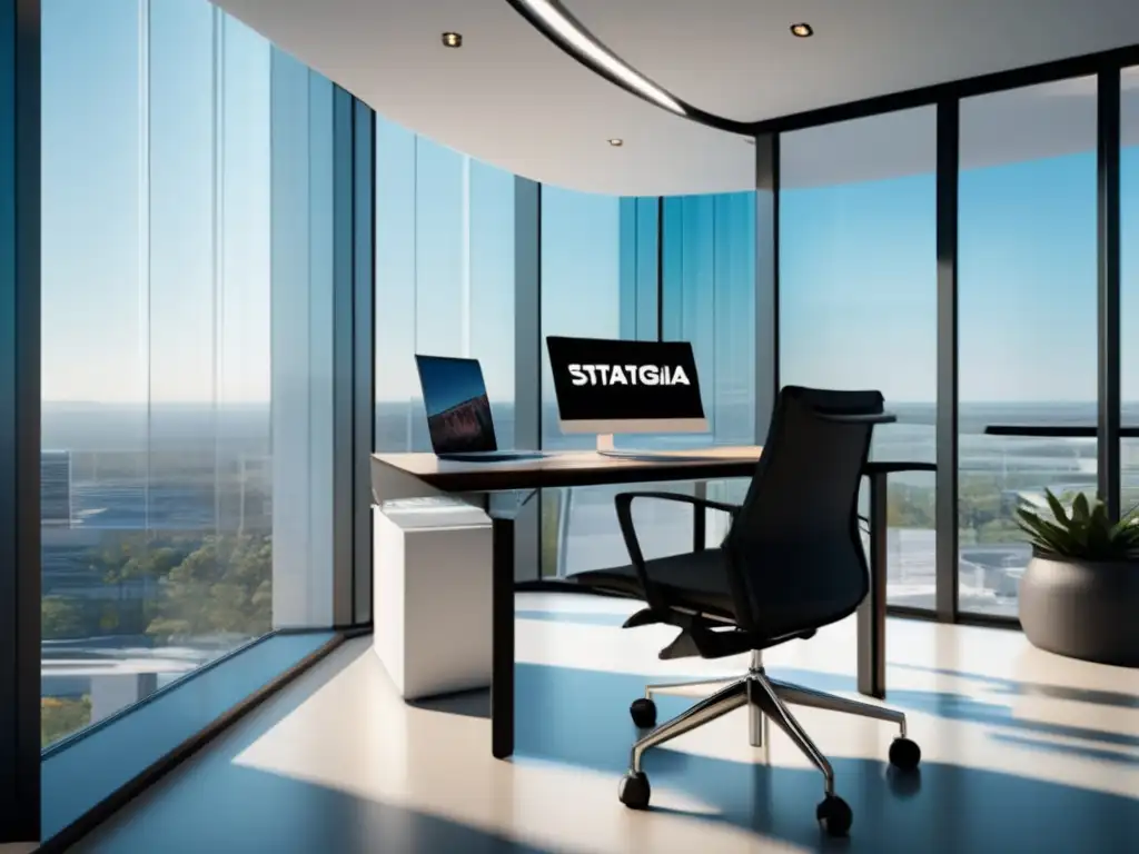 Oficina minimalista con estrategias de marketing Oficina minimalista con luz natural, escritorio de vidrio y
