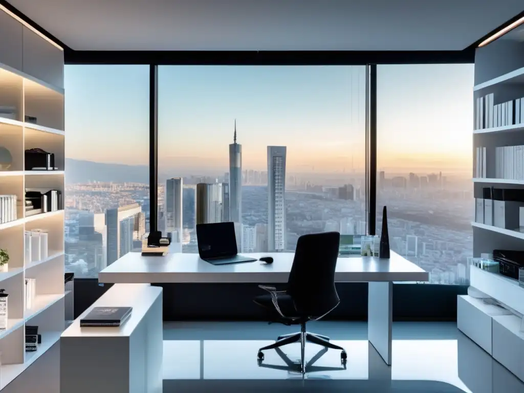 Oficina minimalista y exitosos emprendedores Espacio de oficina minimalista con muebles blancos, ventana panorámica con vista a la ciudad y estantes llenos de productos de belleza, folletos de viajes y métricas de redes sociales