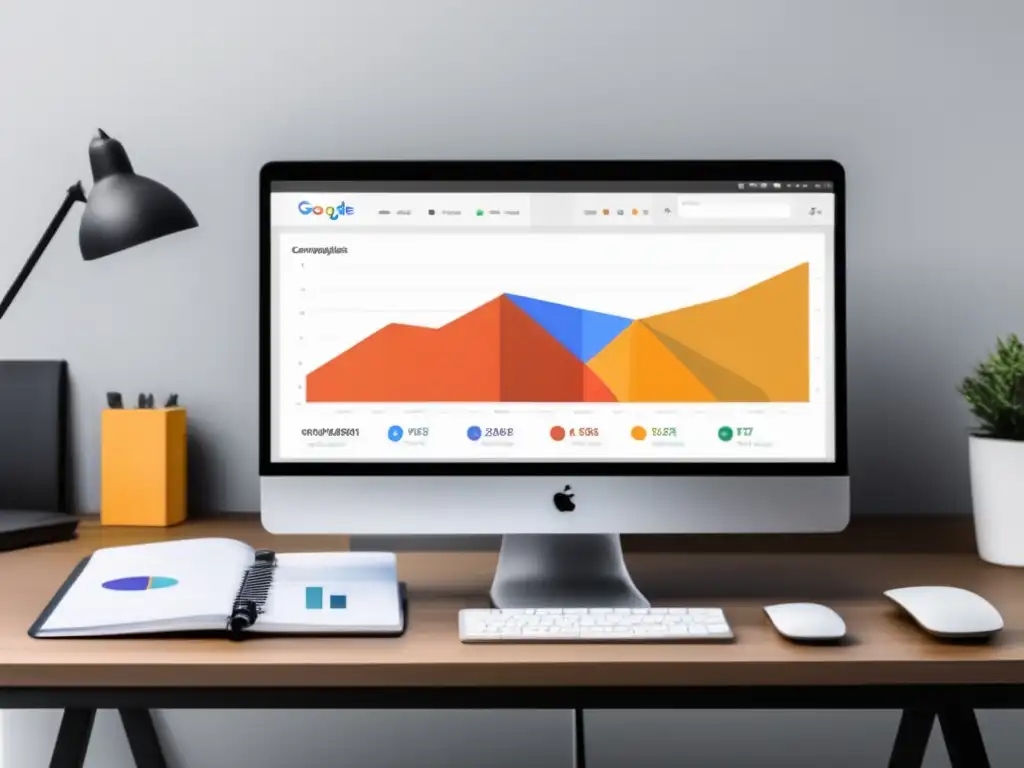 Análisis de datos y métricas para el marketing de afiliados Oficina minimalista con monitor mostrando métricas de Google Analytics: Herramientas de afiliados