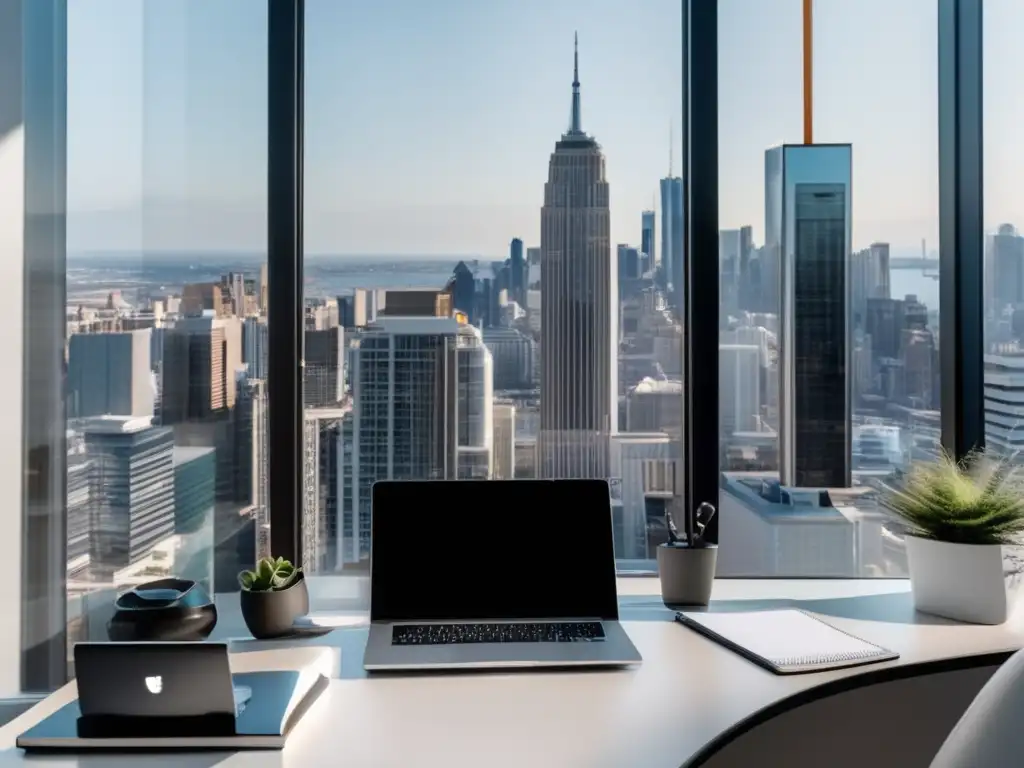 Espacio de oficina minimalista con Hootsuite Oficina minimalista con vista a la ciudad y escritorio con Hootsuite: beneficios de gestionar redes sociales de afiliados
