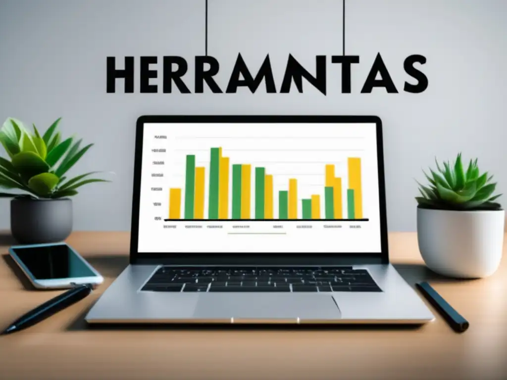 Oficina minimalista con éxito en marketing de afiliados Oficina minimalista con escritorio blanco, portátil de alta gama y smartphone mostrando gráfico de éxito en marketing de afiliados