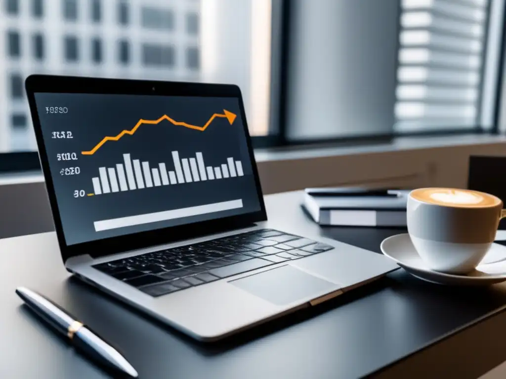 Escritorio minimalista para estrategias de marketing de afiliados Escritorio minimalista con laptop, libreta, café y gráfico de éxito en marketing de afiliados