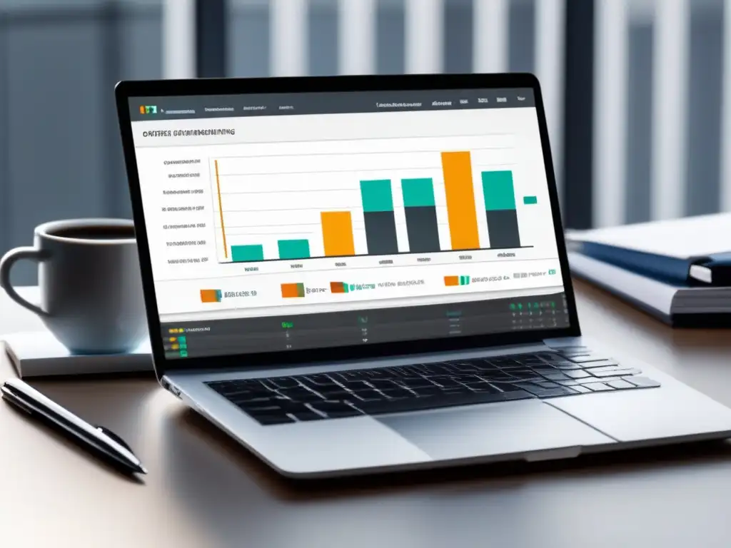 Escritorio minimalista y organizado con laptop y datos Ventajas análisis datos en marketing afiliados: oficina minimalista con laptop, bloc y gráficos de análisis de datos