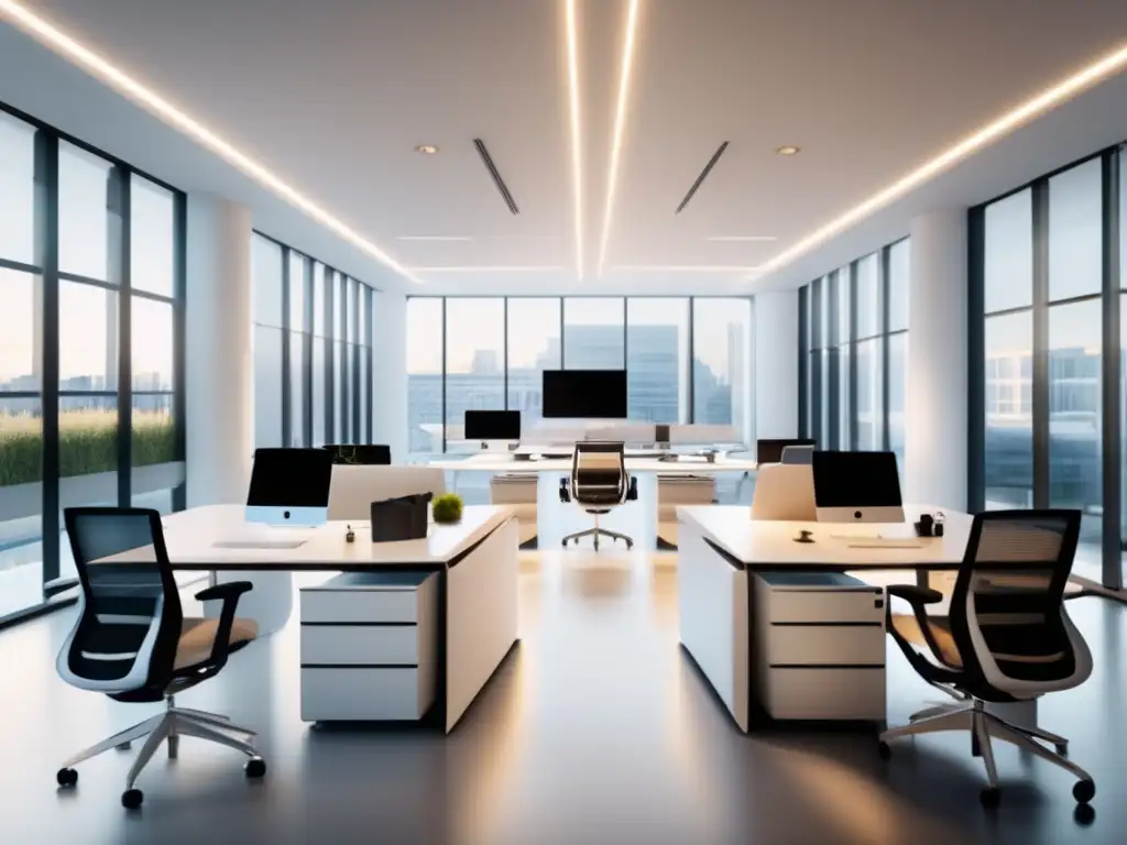 Espacio de oficina moderno y minimalista Oficina minimalista con escritorios blancos, sillas ergonómicas y luz natural