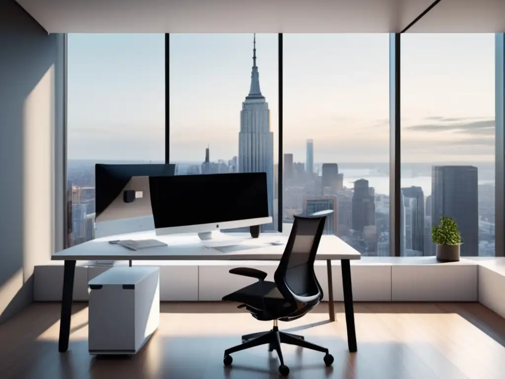 Oficina minimalista con vista panorámica y escritorio blanco - Estrategias avanzadas de marketing de afiliados