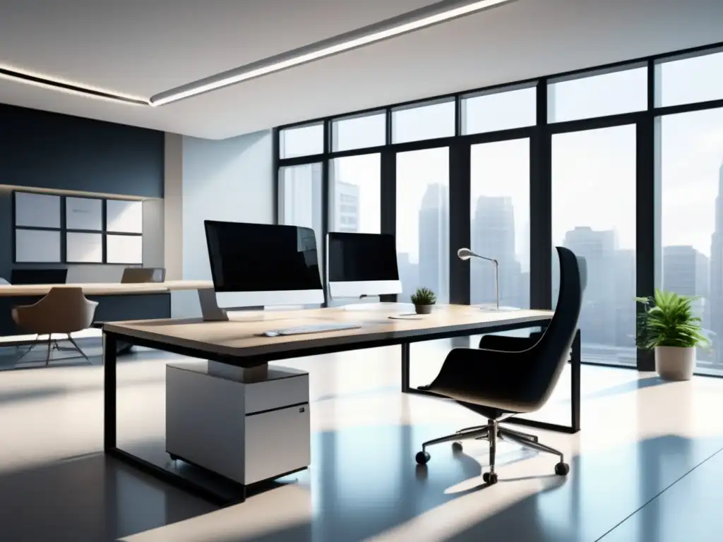 Oficina minimalista y eficiente Espacio de oficina minimalista con muebles modernos y líneas limpias - Redes de afiliados más eficientes