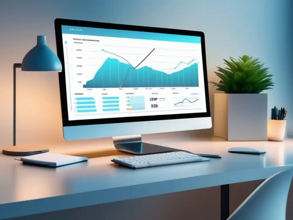 Escritorio minimalista con monitor blanco y gráfico de crecimiento Escritorio minimalista con monitor blanco y gráfico de éxito en marketing de afiliados