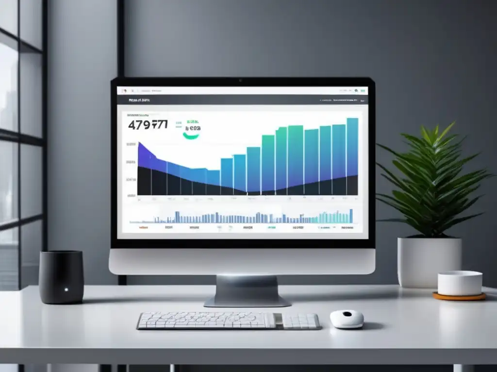 Escritorio minimalista con monitor de alta gama que muestra análisis de datos de afiliados en tiempo real