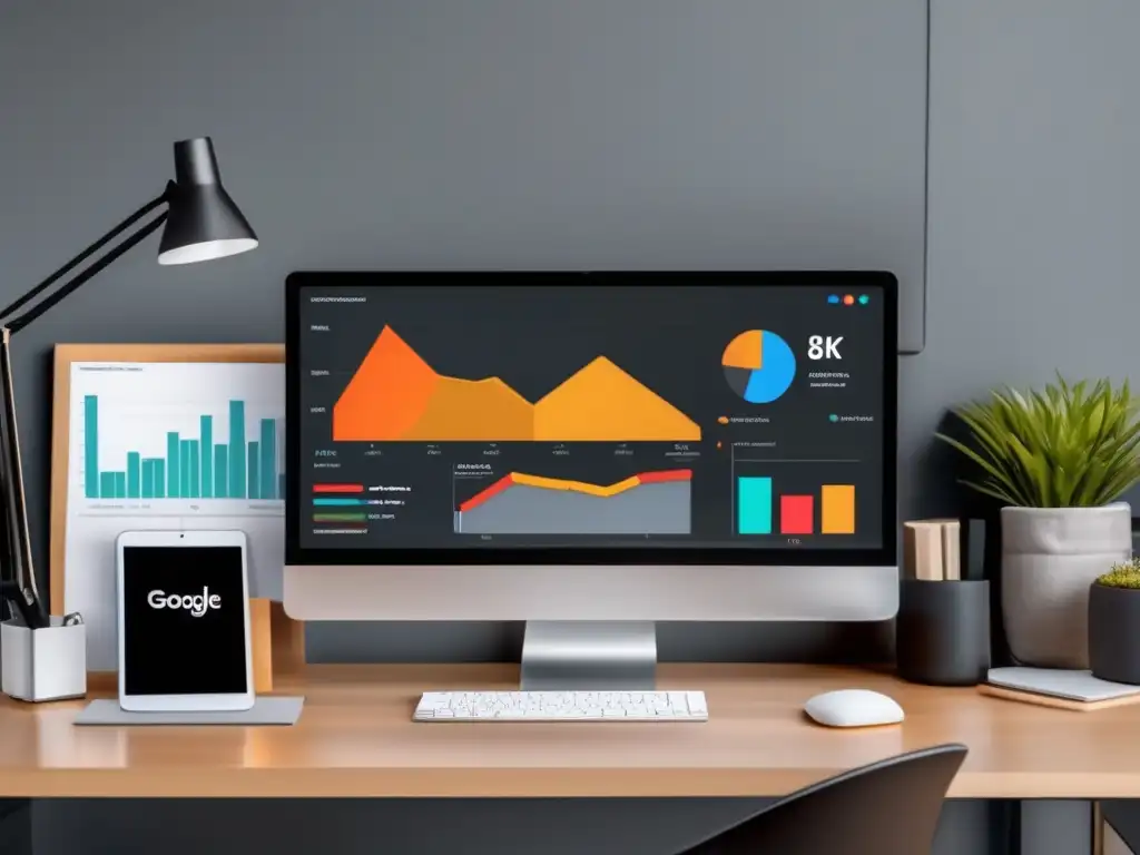 Oficina minimalista con monitor 8K y Google Analytics Oficina minimalista con monitor Google Analytics y estrategias de optimización de conversiones