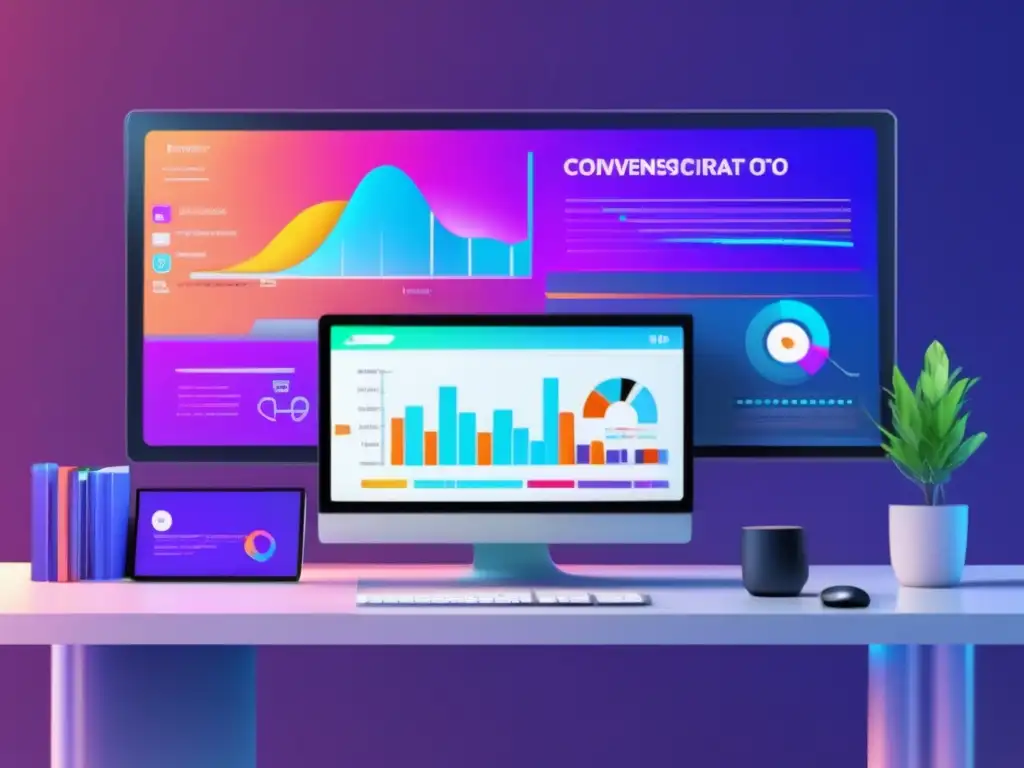 Oficina minimalista con monitor futurista y estrategias avanzadas de afiliados para maximizar el marketing