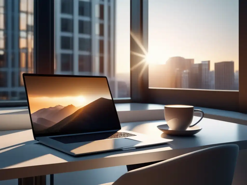 Oficina minimalista con escritorio blanco y ventana grande Oficina moderna con escritorio blanco, ventana grande y estrategias exitosas de marketing de afiliados basadas en casos reales