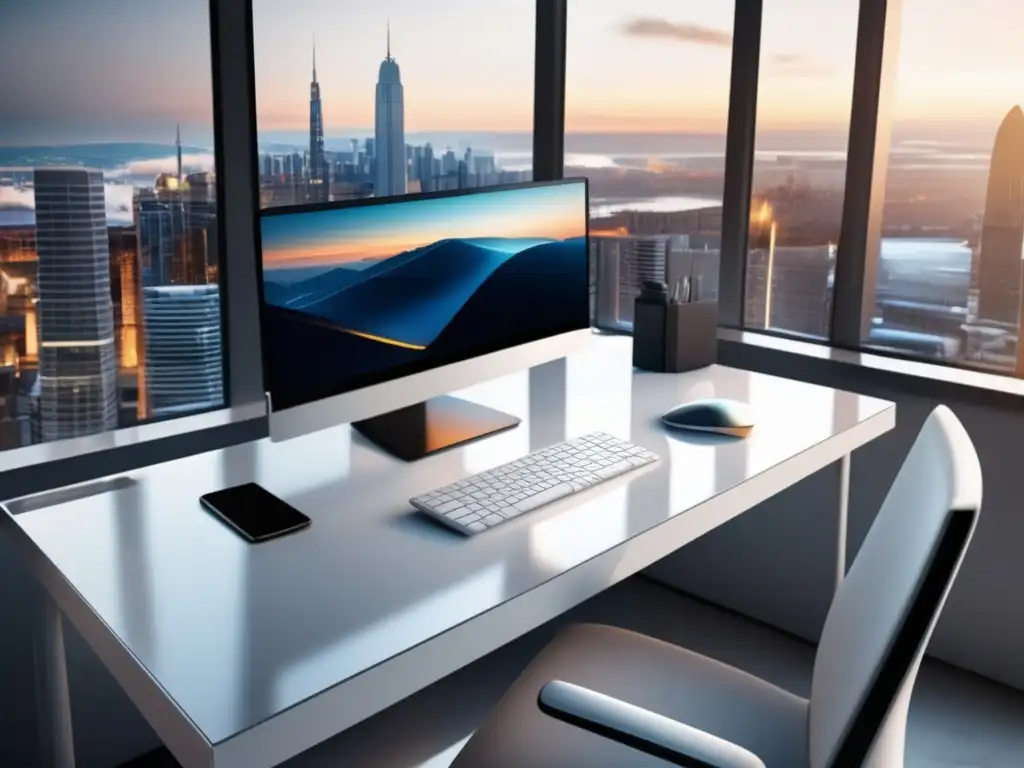Oficina moderna con vista panorámica Espacio de oficina moderno con vistas a la ciudad, iluminado por luz natural