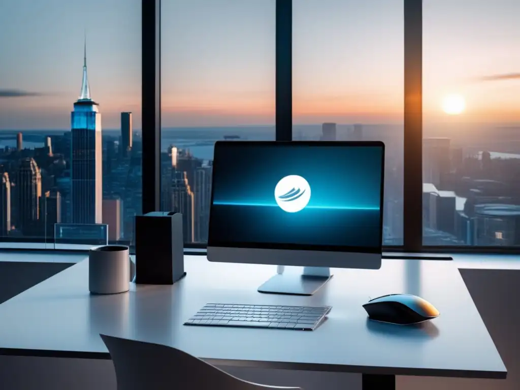 Oficina minimalista con vista a la ciudad Oficina minimalista con vista a la ciudad, escritorio blanco, laptop, mouse inalámbrico, cuaderno y café