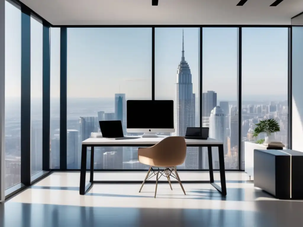 Oficina minimalista con vista a la ciudad Oficina minimalista con vista a la ciudad, iluminada por luz natural