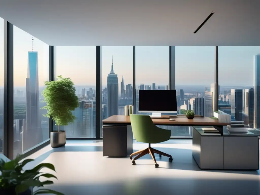 Oficina moderna con vista a la ciudad Una oficina moderna con diseño minimalista y vistas a la ciudad, resaltando estrategias de contenido en marketing de afiliados