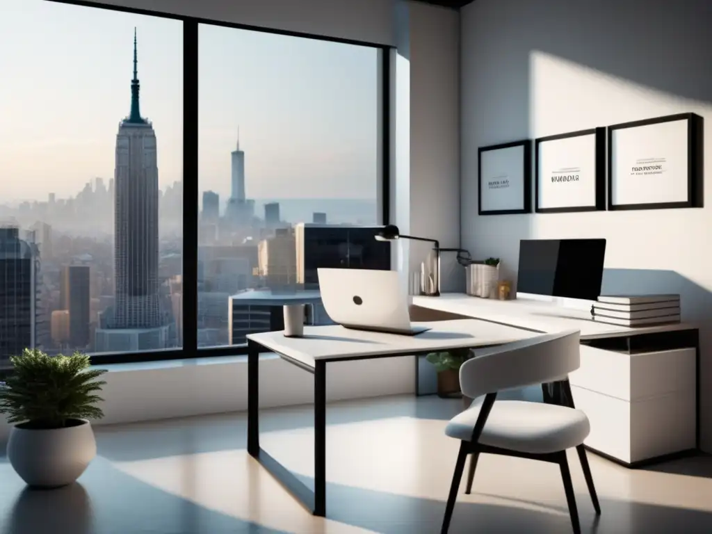 Oficina moderna con mobiliario blanco y vista a la ciudad Oficina moderna con muebles blancos y vista a la ciudad: Evita errores comunes en legislación de marketing de afiliados