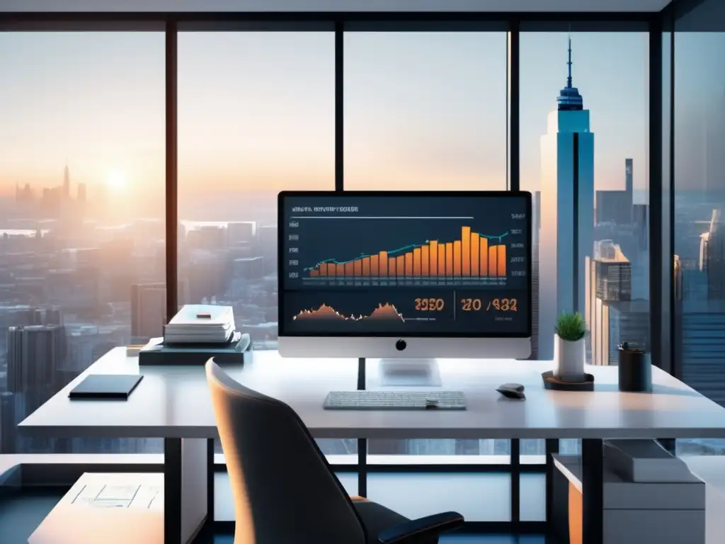 Oficina minimalista con vista a la ciudad Oficina minimalista con vista a la ciudad, escritorio blanco con monitor mostrando gráficos y estrategias clave para el marketing de afiliados