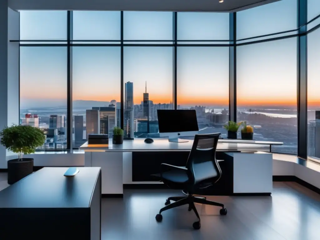 Espacio de oficina moderno con vista a la ciudad Oficina minimalista con vista a la ciudad y estrategias efectivas de marketing de afiliados