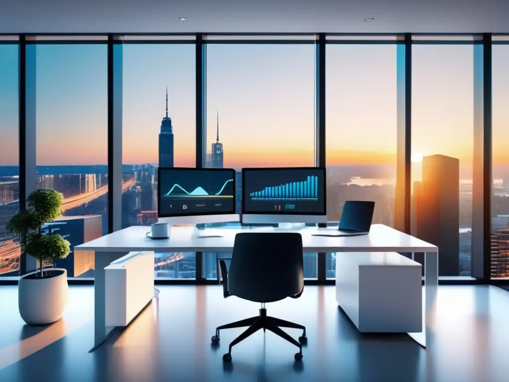 Oficina moderna con vista a la ciudad y personalización Oficina moderna con vista a la ciudad y estrategias basadas en la ciencia para mejorar conversiones en marketing de afiliados
