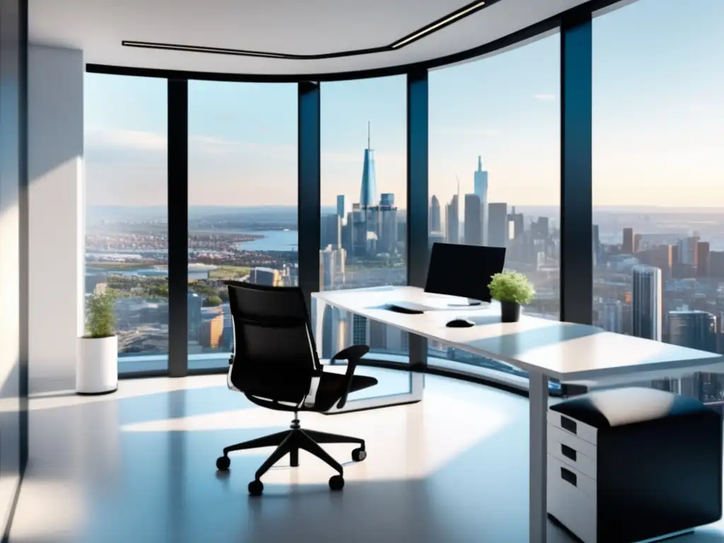 Oficina moderna con ventanales y vista a la ciudad Oficina minimalista con vista a la ciudad, iluminada por luz natural