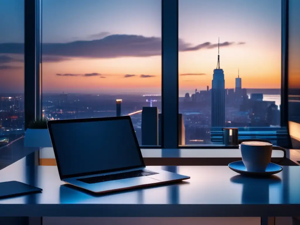 Oficina minimalista con vista a la ciudad Oficina minimalista con vista a la ciudad al anochecer - Estrategias de marketing de afiliados