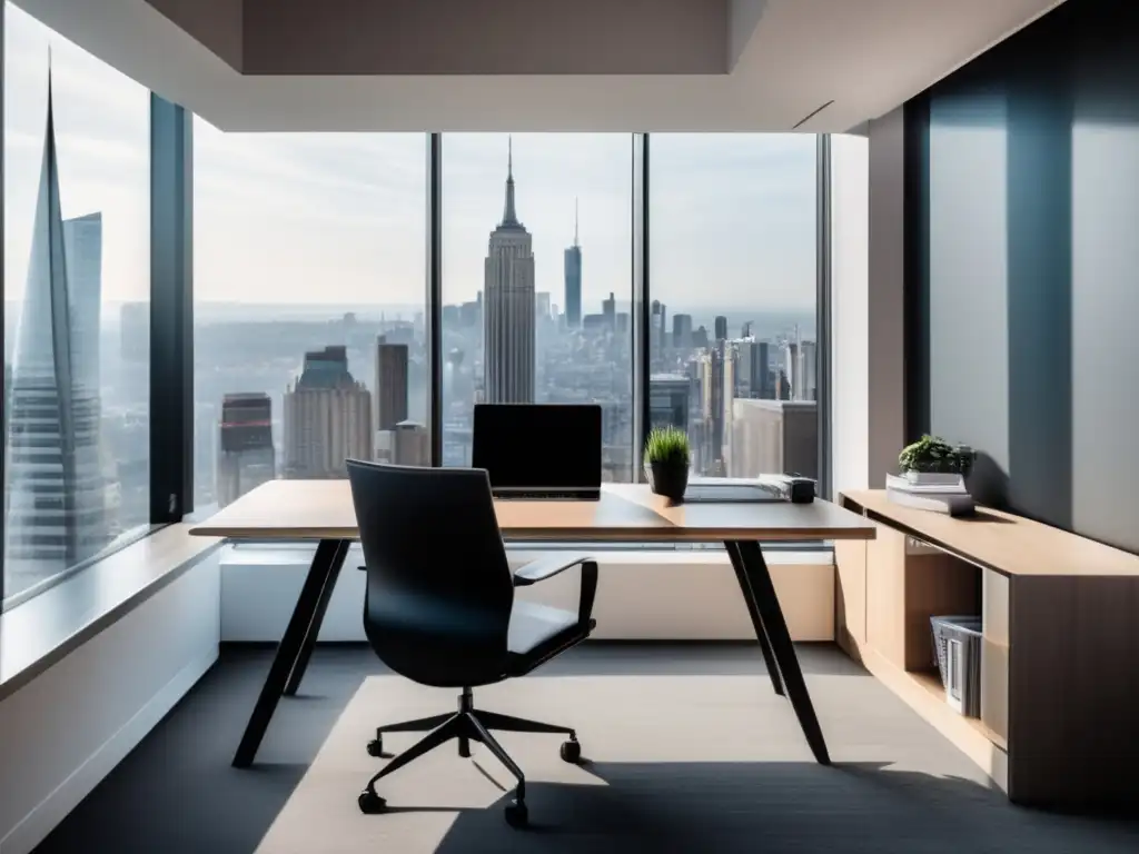 Oficina moderna con vista panorámica Espacio de oficina minimalista con ventana panorámica y vista a la ciudad