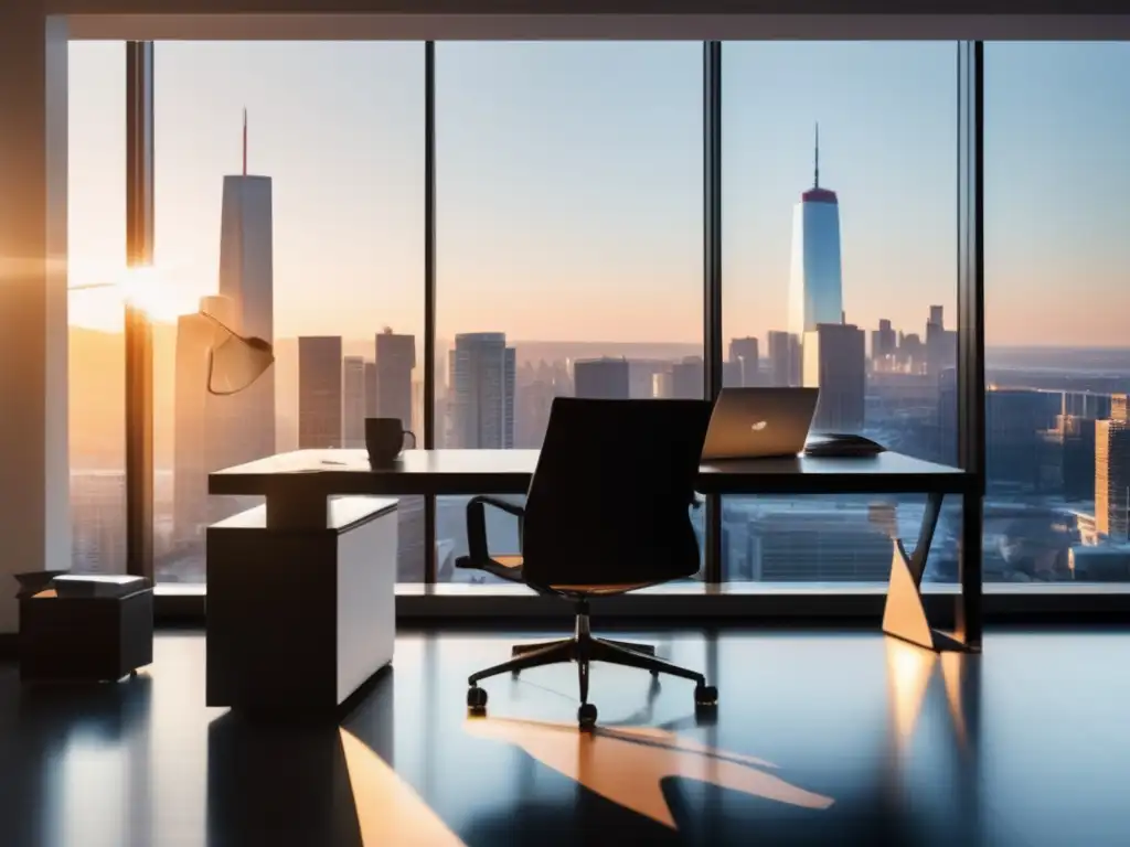 Espacio de oficina minimalista con ventana panorámica y vista a la ciudad Oficina minimalista con vista a la ciudad: regulaciones de ingresos de afiliados en el marketing de afiliados