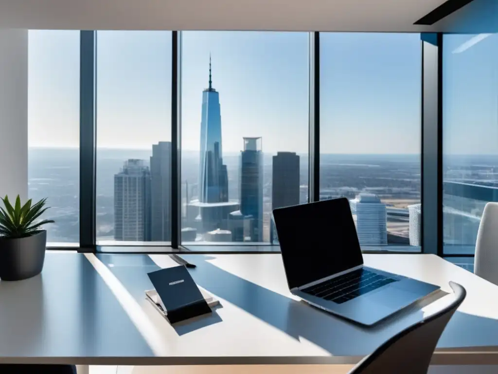 Oficina minimalista con vista a la ciudad Oficina minimalista con vista a la ciudad, escritorio blanco con laptop mostrando metas SMART para estrategias de contenido