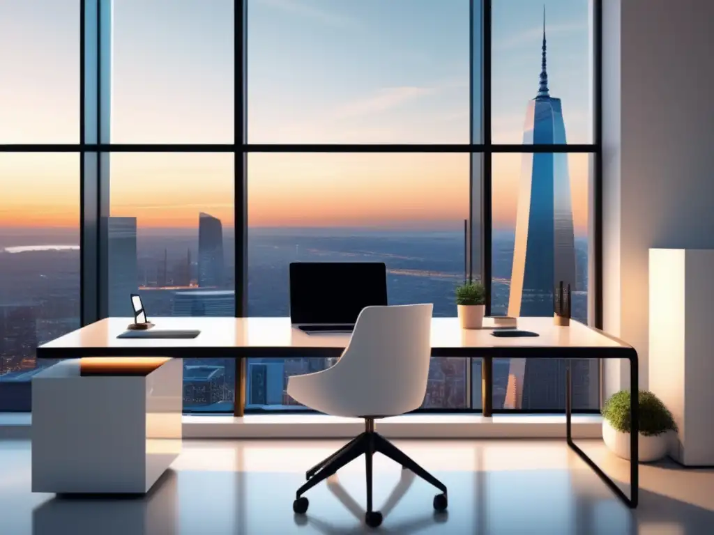 Oficina minimalista con vista panorámica Espacio de oficina minimalista con vista panorámica de la ciudad, muebles contemporáneos y arte seleccionado
