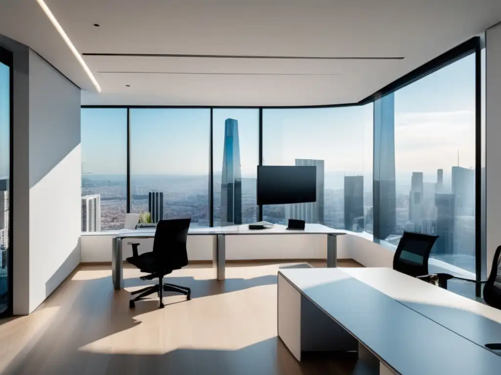 Oficina moderna con vista panorámica y escritorio organizado Mejora tasa de conversión en marketing de afiliados