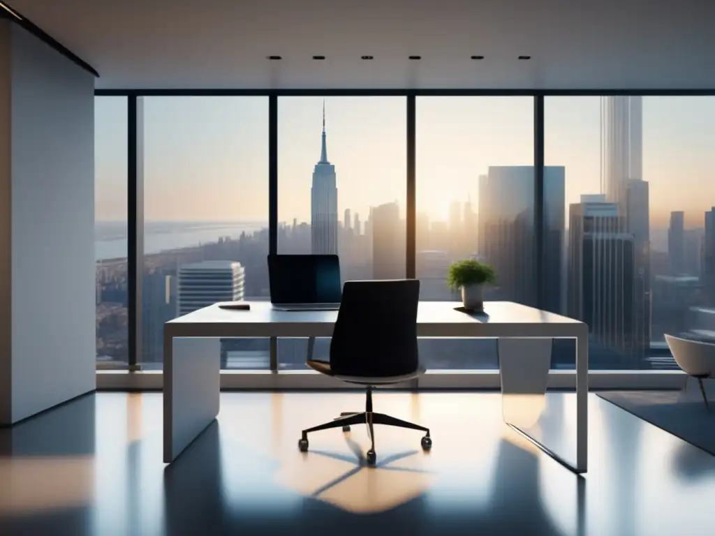 Oficina moderna con vista panorámica Oficina moderna con vista panorámica a la ciudad y diseño minimalista