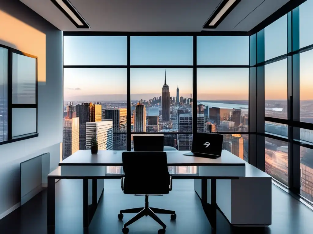 Oficina minimalista con vista a la ciudad Oficina minimalista con vista a la ciudad, laptop y plataformas de marketing de afiliados