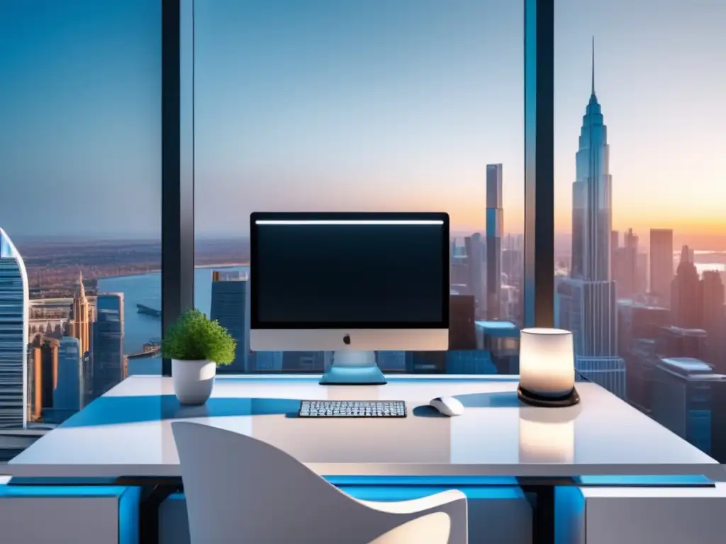 Espacio de trabajo minimalista con vista panorámica Oficina minimalista con vista panorámica de la ciudad y elementos decorativos