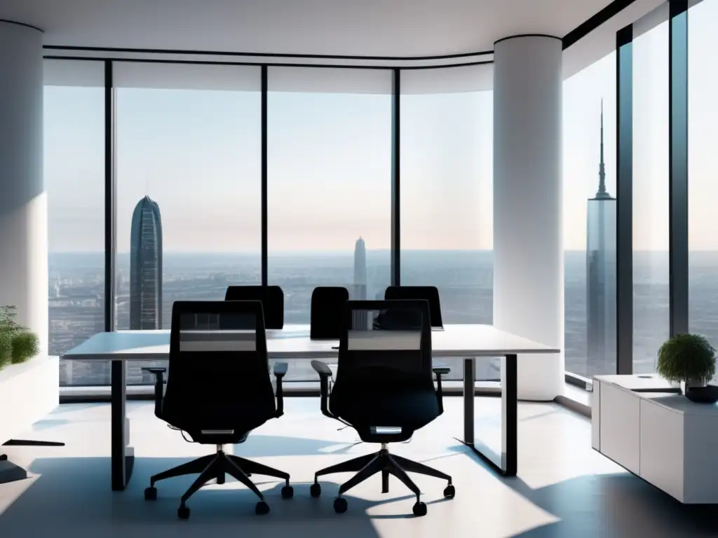 Oficina minimalista con vista panorámica Espacio de oficina minimalista con vistas panorámicas a la ciudad y estrategias avanzadas de marketing de afiliados